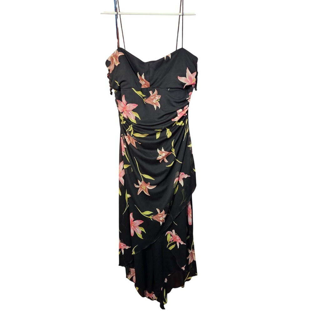 City Triangles Vintage Floral Ruched Asymmetrical Midi Dress Black Pink Lily L